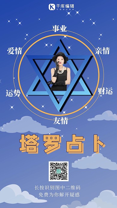 塔罗占卜美女蓝色简约海报