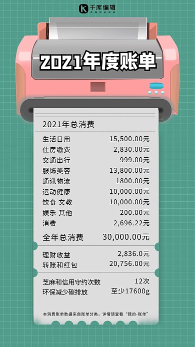 2021年度账单打印机绿色简约手机海报