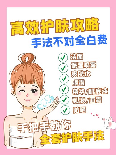 全套护肤手法教学洗脸美女粉色卡通小红书配图
