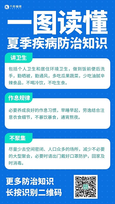 一图读懂夏季疾病防治知识蓝色大字手机海报