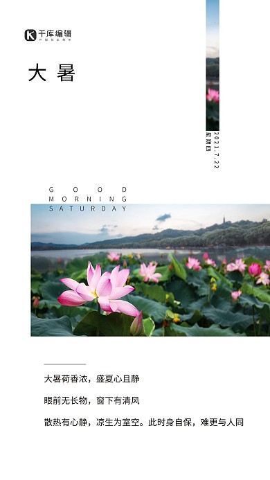 节气海报大暑荷花白色简约创意摄影图海报