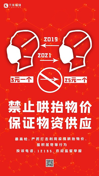 禁止哄抬物价口罩红色大气简约海报