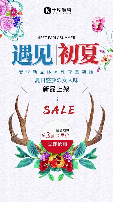 小清新背景遇见初夏促销海报 创意设计