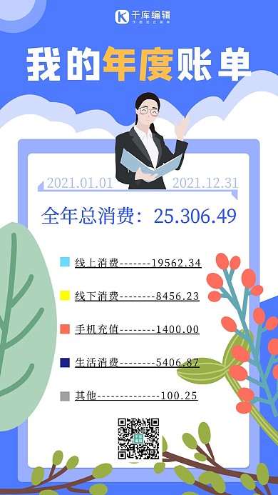 2021年度账单职业女士蓝色简约手机海报