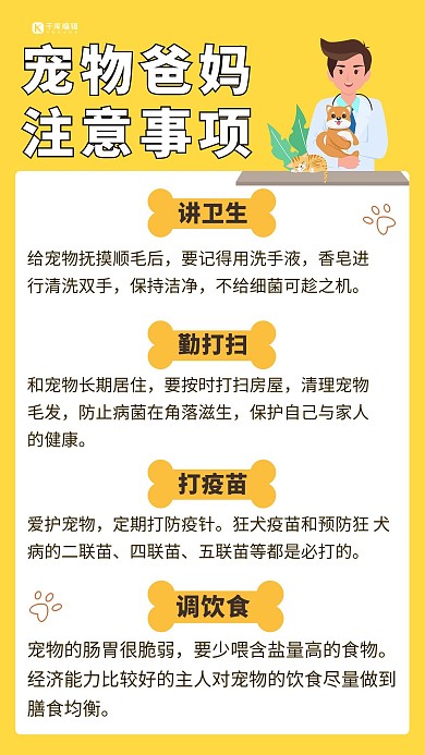 宠物饲养攻略黄色卡通手机海报