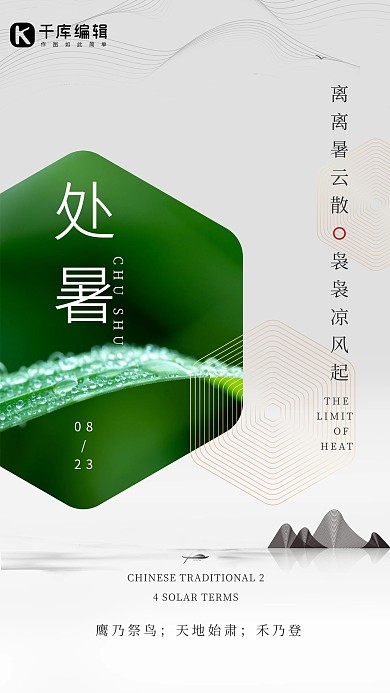 处暑绿叶灰色古风海报