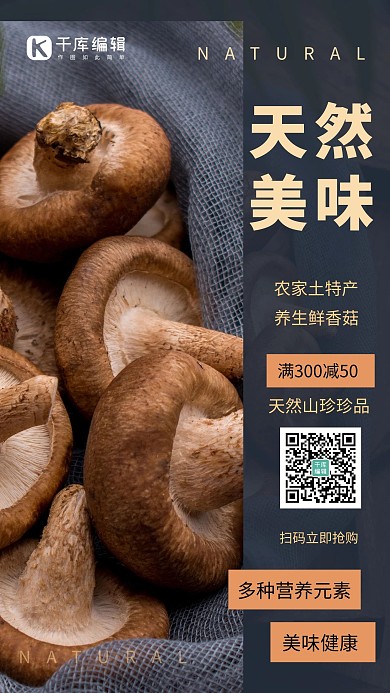 天然美味香菇土特产促销蓝色创意海报