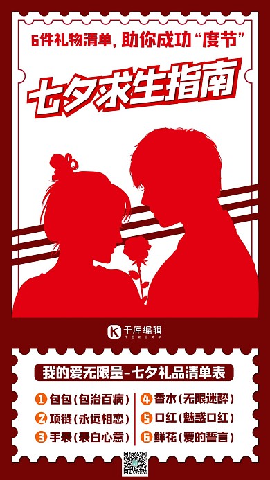 七夕求生指南恋爱男女玫瑰花红色简约手机海报