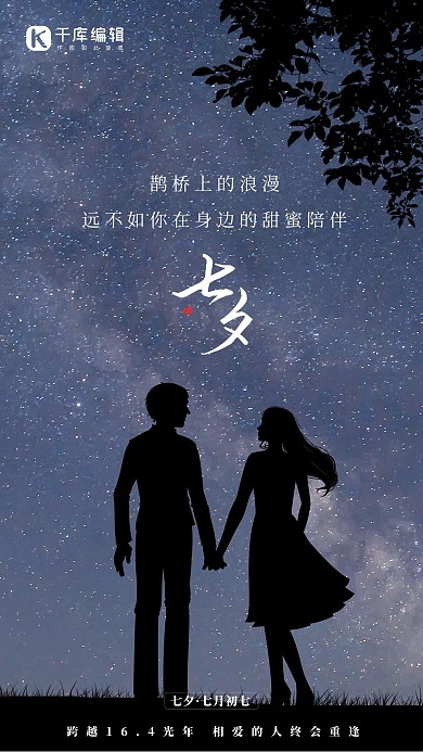 七夕情人节情侣剪影蓝色星空摄影图海报