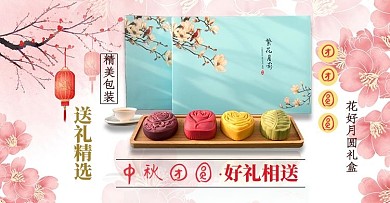 中秋节团圆月饼红色桃花中国风电商横版海报
