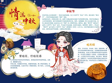 中国风嫦娥玉兔月饼美食可爱中秋小报手抄报