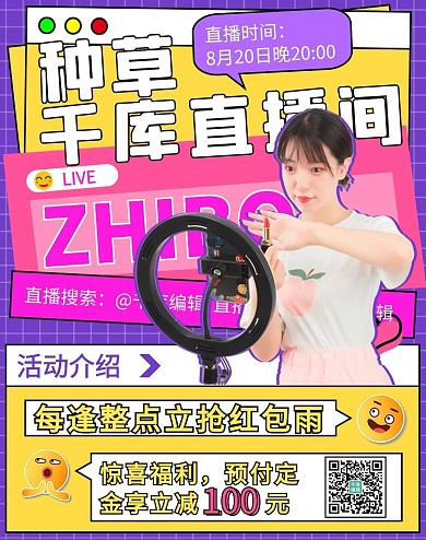 种草直播间美女主播紫色孟菲斯风竖版海报