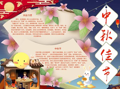 中秋佳节中秋节蓝色中国风团圆玉兔小报手抄报