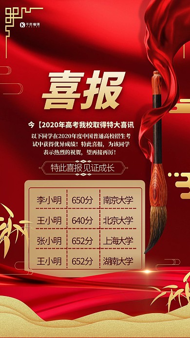 高考喜报飘带红金大气质感海报