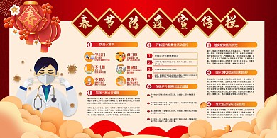春节防疫春节红色中国风展板