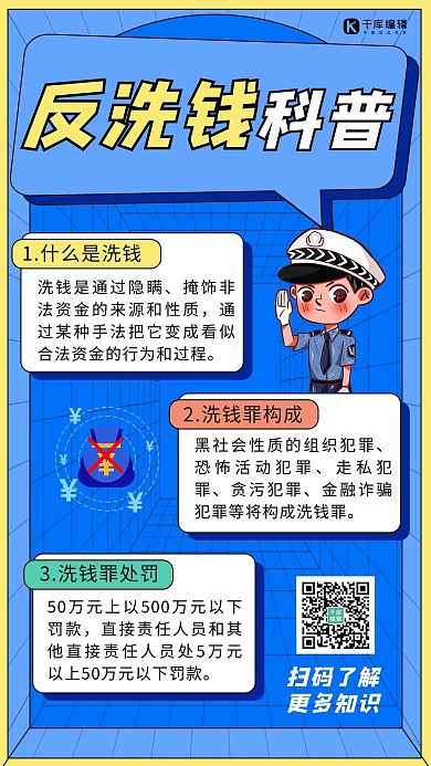 反洗钱科普警察蓝色 黄色卡通海报