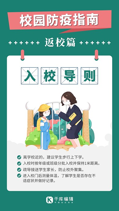 校园防疫测体温绿色卡通风手机海报