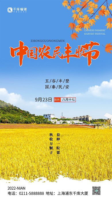 中国农民丰收节稻田蓝色简约海报