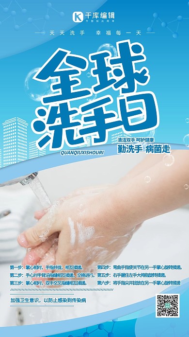 世界洗手日洗手蓝色简约海报