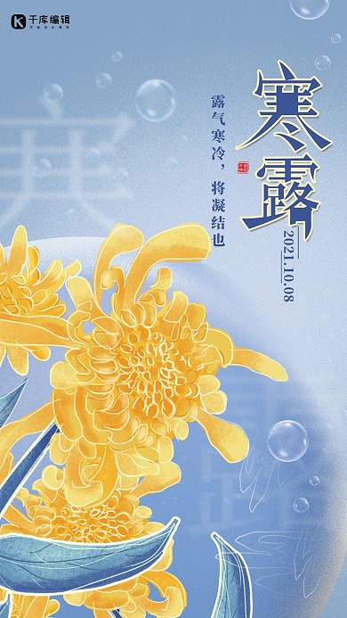 寒露菊花蓝色简约海报