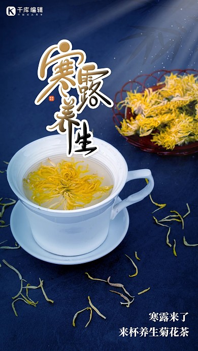 寒露菊花茶蓝色简约海报