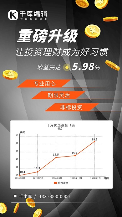 投资理财金币灰色简约渐变手机海报