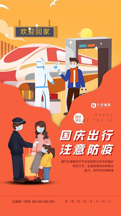 国庆出行注意防疫橙色创意海报