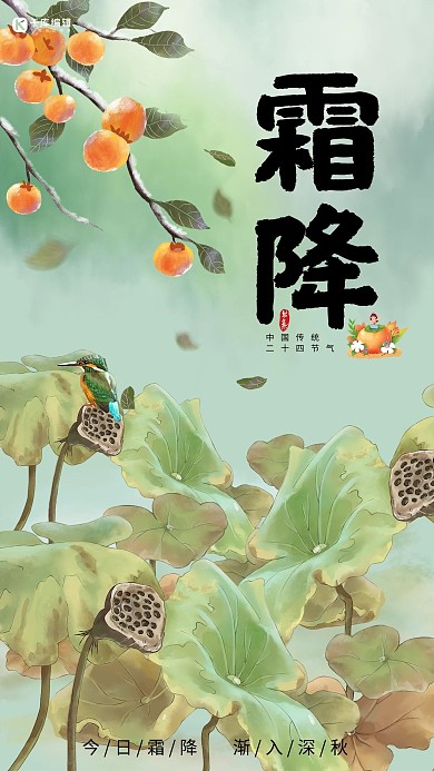 霜降二十四节气荷塘荷叶小鸟柿子绿色清新海报