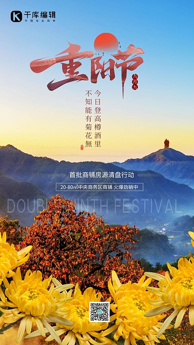重阳节菊花蓝色简约摄影图海报