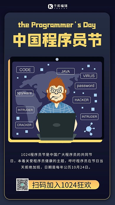 中国程序员节程序员蓝色商务风创意手机海报