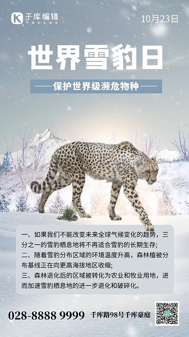 世界雪豹日雪豹蓝灰创意手机海报 创意
