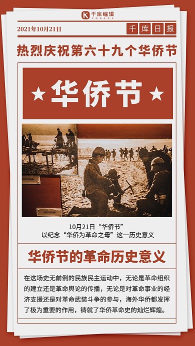 华侨节革命照片红色复古风手机海报 创意