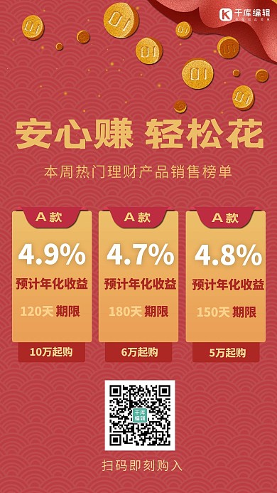 理财产品榜单金币红色简约渐变手机海报1
