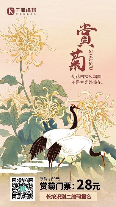 赏菊菊花古风插画手机海报 大气