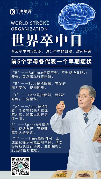 世界卒中日中医医生蓝色科技手机海报 大气