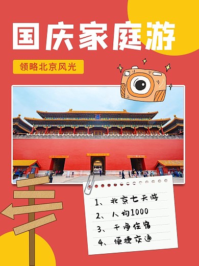 国庆北京游安利故宫实景红色卡通小红书配图