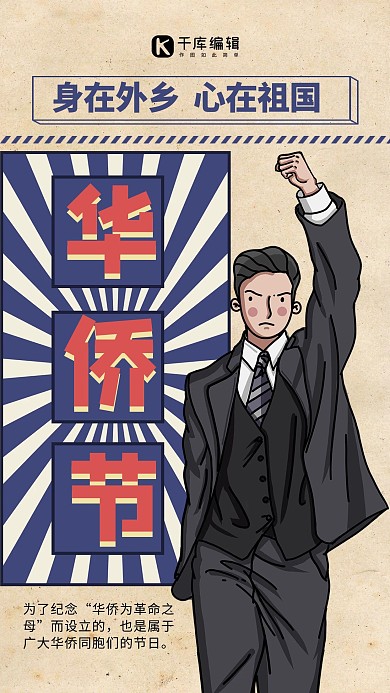 华侨节华侨华人黄色复古质感手机海报