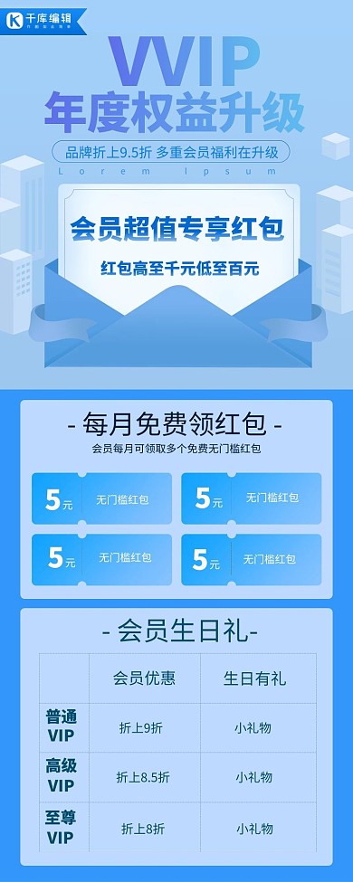 会员vvip福利蓝色宣传营销长图