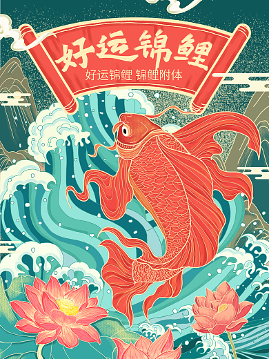 原创插画标题字国潮好运锦鲤海报
