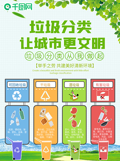 绿色环保垃圾分类图解平面海报