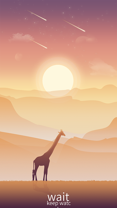 原创唯美渐变插画长颈鹿流星太阳和山