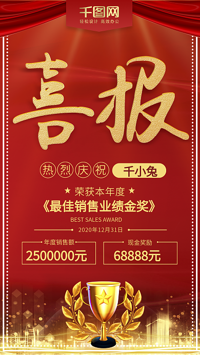 红色喜庆喜报年度最佳销售展示海报
