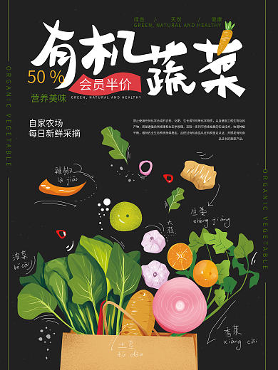原创手绘有机蔬菜促销海报