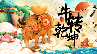 2021年牛年牛转乾坤国潮插画风节日宣传海报