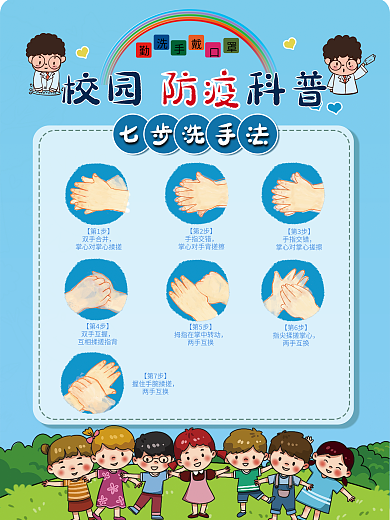 校园防疫指南幼儿园七步洗手法海报设计