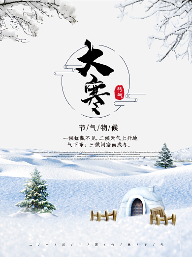 白色清新雪花大寒海报设计