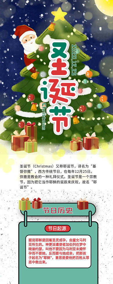 圣诞老人圣诞节节日介绍科普信息长图