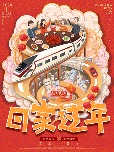 原创手绘回家过年宣传海报