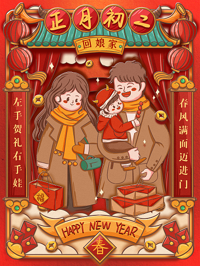 原创手绘插画风正月年俗海报