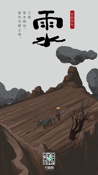 原创手绘风二十四节气雨水3候耕种手机图
